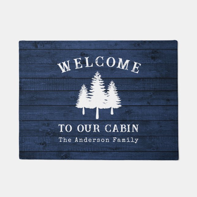 Paillasson Welcome Lake House Arbres rustiques Bois Bleu Impr (Devant)