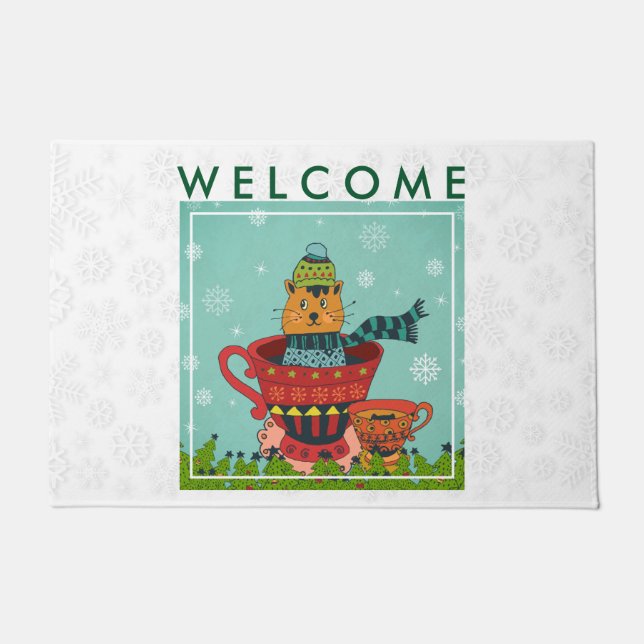Paillasson Whimsical Chat assis dans un thé Bienvenue (Devant)