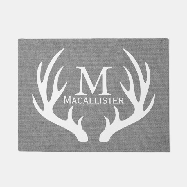 Paillasson White Deer Buck Antlers et Faux Grey Burlap (Devant)