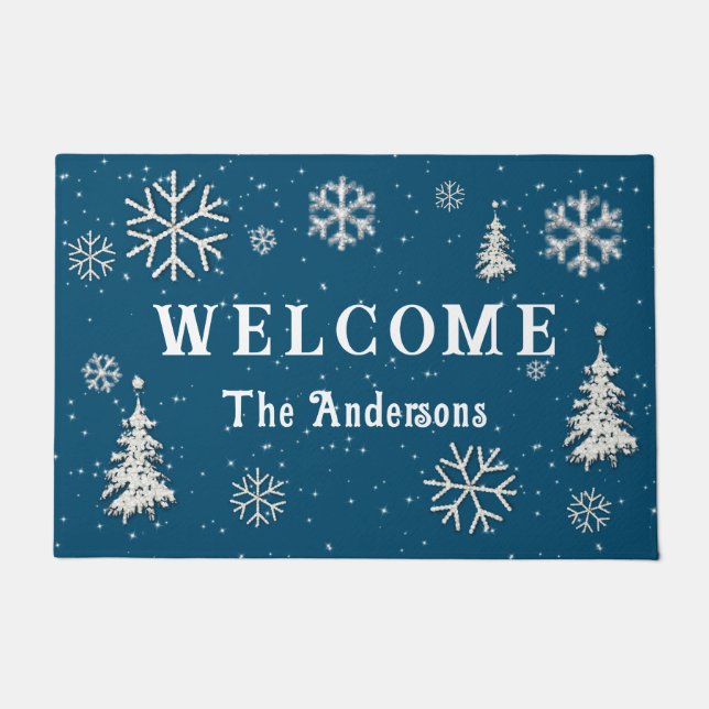 Paillasson Winter Wonderland Rhinestones Blue Welcome Family (Devant)