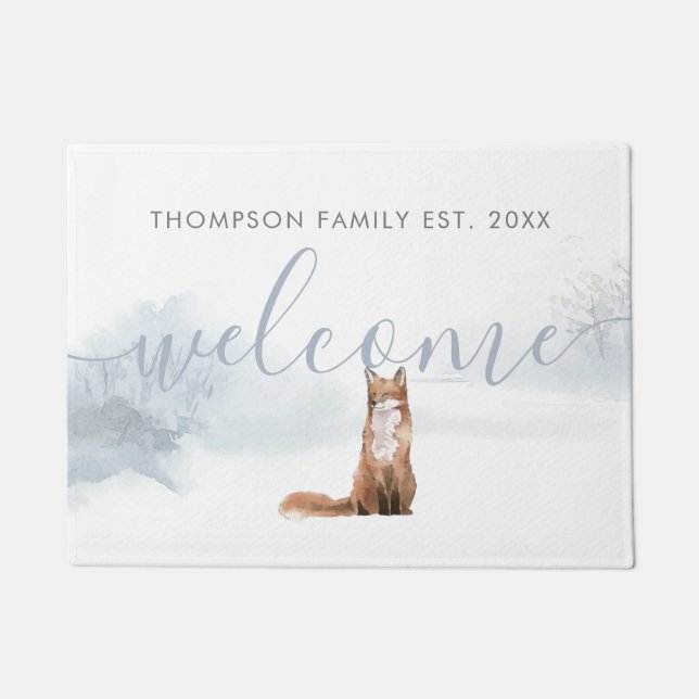 Paillasson Winter Woodland Scène Fox Nom de famille personnal (Devant)