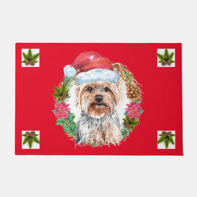 Paillasson Yorkie Christmas aquarelle couronne art de fête ca (Devant)