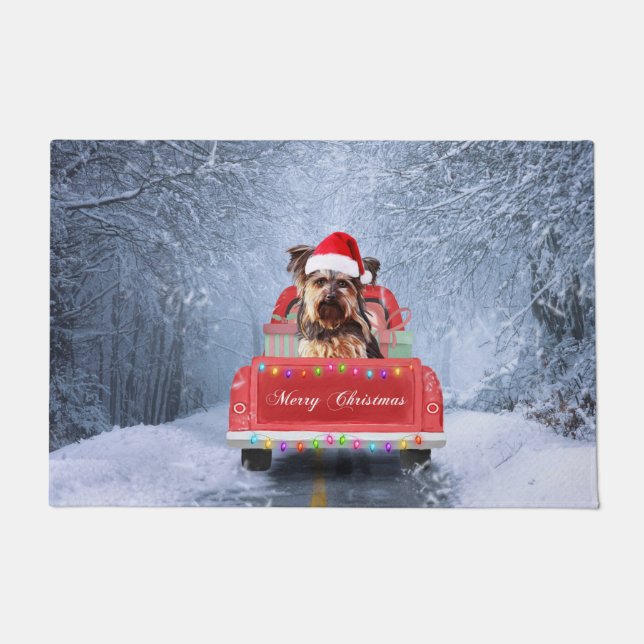Paillasson Yorkshire Terrier Dog in Snow sitting in Christmas (Devant)