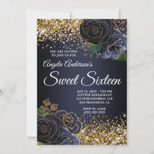 Paillettes dorées Invitation Bleu Nuit Floral Glam