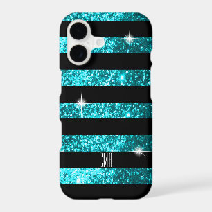 Paillettes Sarcelle & Rayures Noires Monogramme