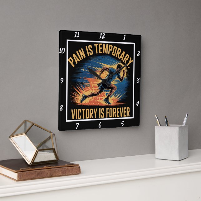 Pain Temporary Victory Forever Runner Square Wall Clock (Office)