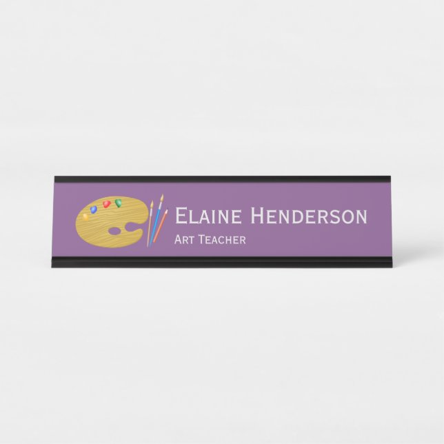 Paint and Brushes on Purple Art Teacher Desk Name Plate (Front)