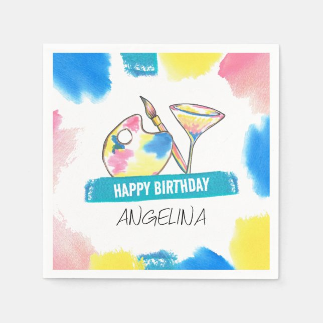 Paint and Sip Birthday Painting and Wine Party Napkin (Front)