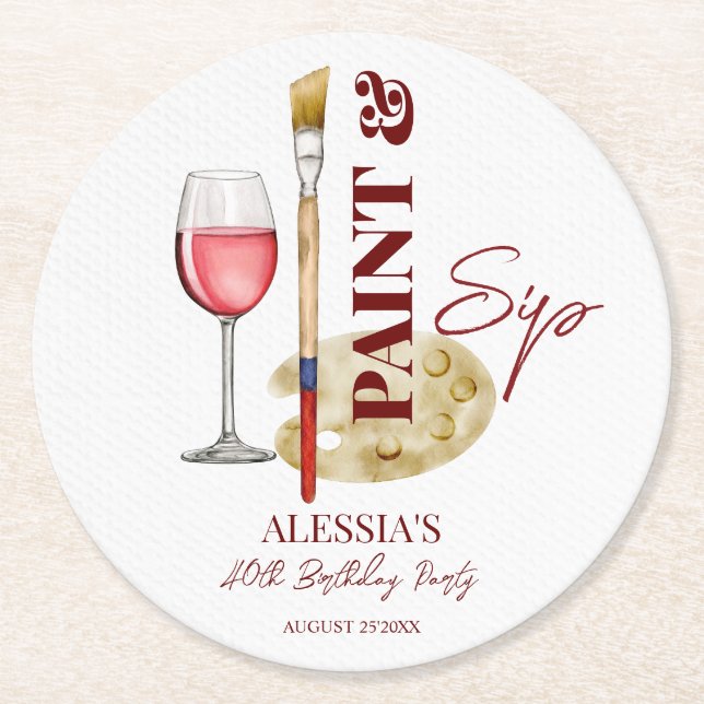 Paint and sip wine and art themed party favours round paper coaster (Front)