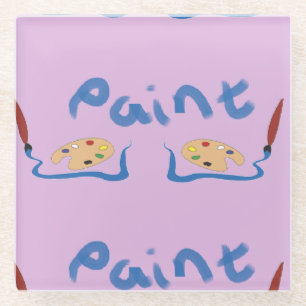 Paint brush and palette on purple glass coaster