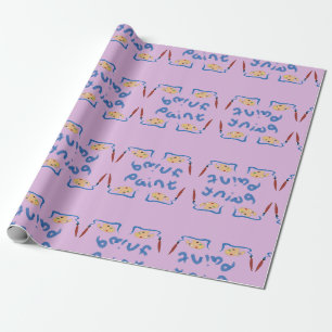 Paint brush and palette on purple wrapping paper