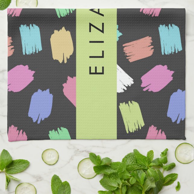 Paint Brush, Colourful Brush Strokes, Your Name Kitchen Towel (Folded)