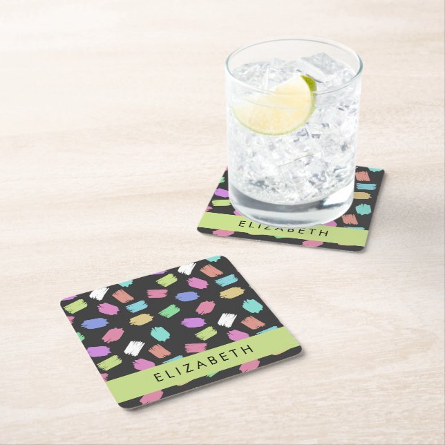 Paint Brush, Colourful Brush Strokes, Your Name Square Paper Coaster (Insitu)