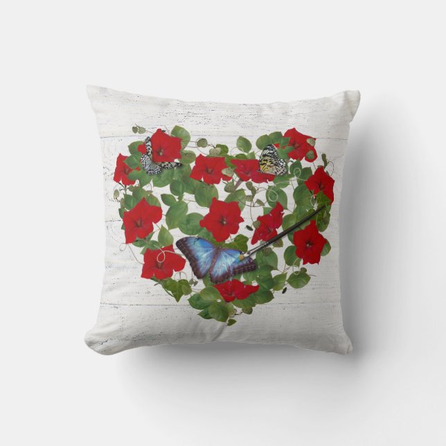paint brush with butterfly on red petunia heart throw pillow (Front)