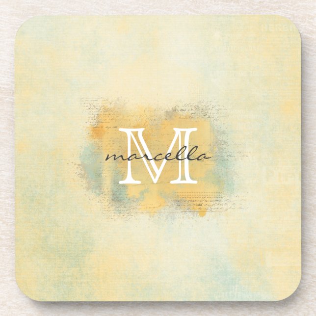 Paint Brushed Yellow Monogram Coaster (Front)