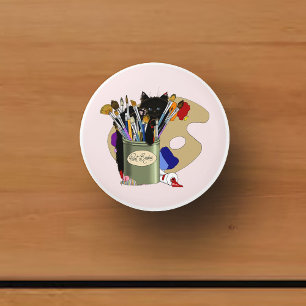 Paint Brushes Pallet Black Kitten Artist Ceramic Knob