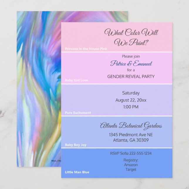 Paint Chip Genre Révéler Pink Blue Invitation (Devant / Derrière)