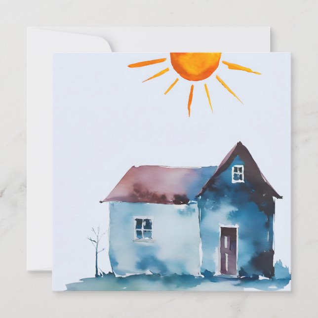 Paint Drawing, House And Sun Made By Child Holiday Card (Front)