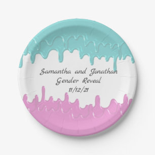 Paint Drips Gender reveal Pink Blue Custom Paper Plate