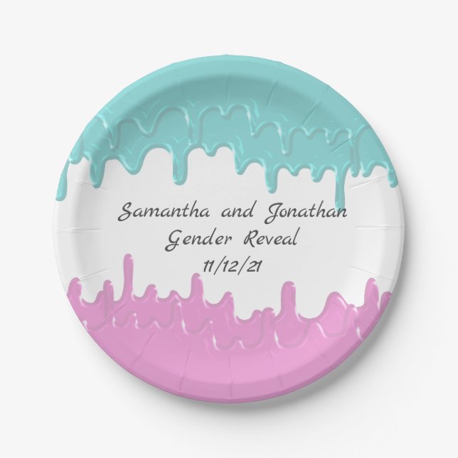 Paint Drips Gender reveal Pink Blue Custom Paper Plate (Front)