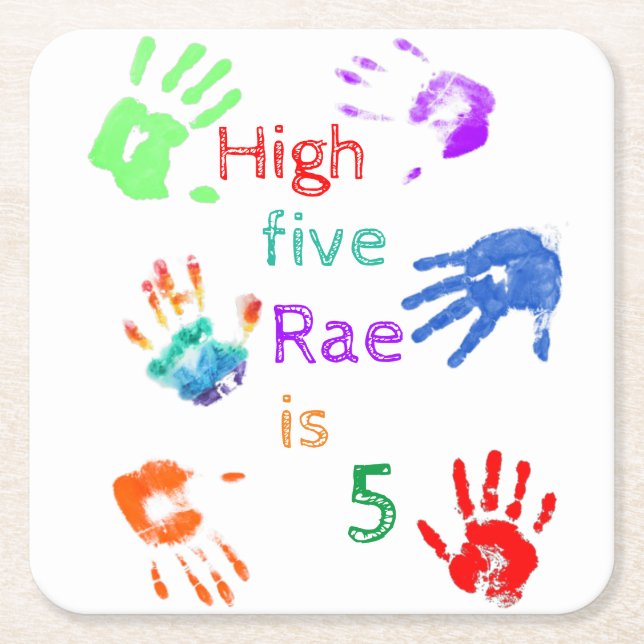Paint Handprints Birthday with Personalized Name   Square Paper Coaster (Front)