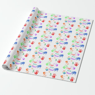 Paint Handprints Birthday with Personalized Name   Wrapping Paper