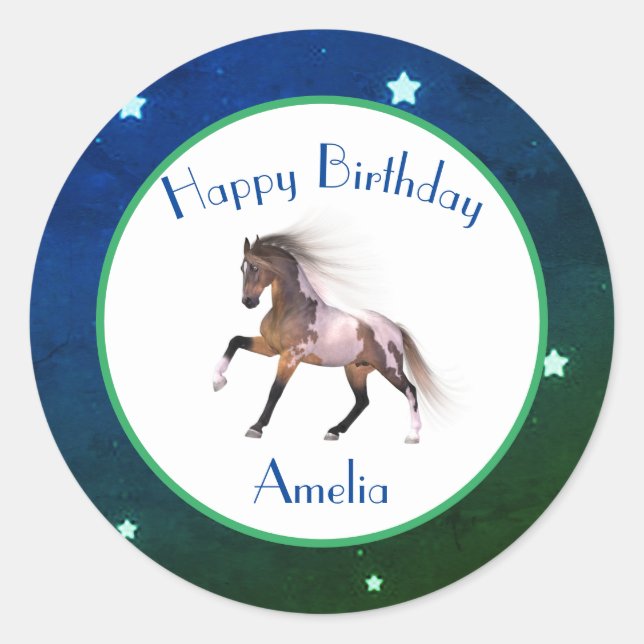 Paint Horse Happy Birthday Blue Green Stickers (Front)