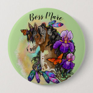 Paint Horse Mustang with Iris and butterflies 4 Inch Round Button
