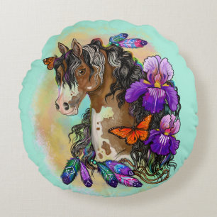 Paint Horse Mustang with Iris and butterflies Round Pillow