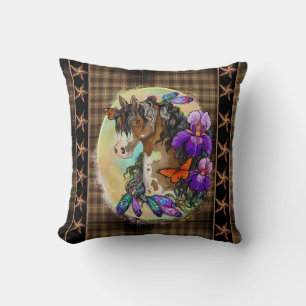Paint Horse Mustang with Iris and butterflies Throw Pillow