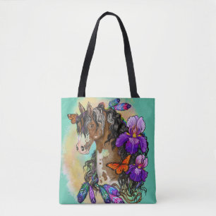 Paint Horse Mustang with Iris and butterflies Tote Bag