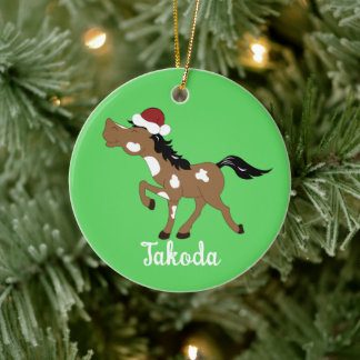 Paint Horse Pinto Equestrian Christmas Santa Hat Ceramic Ornament