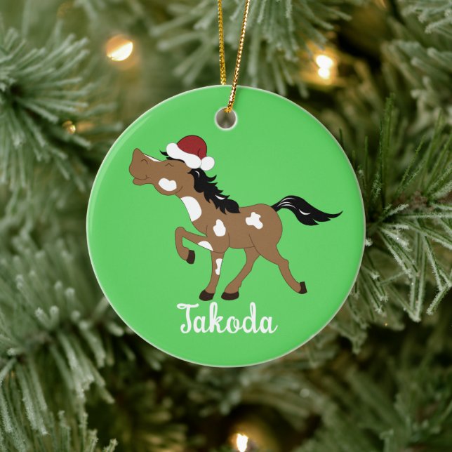Paint Horse Pinto Equestrian Christmas Santa Hat Ceramic Ornament (Tree)