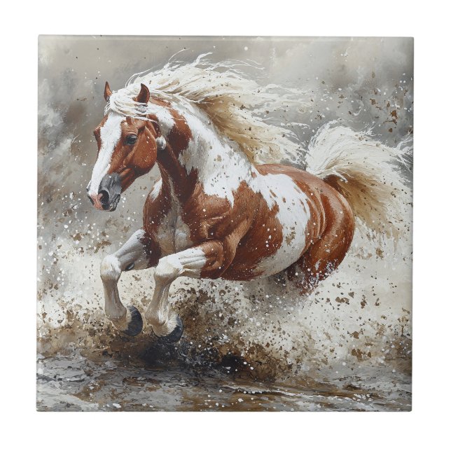 Paint Horse Running Through Water Tile (Front)