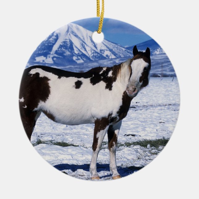 Paint Horse Standing in the Snow Ceramic Ornament (Front)