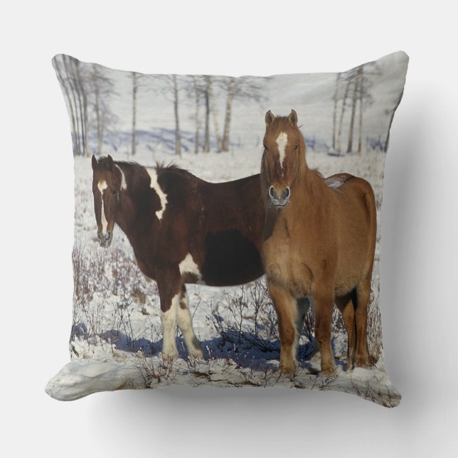 Paint Horses in the Snow Throw Pillow (Front)