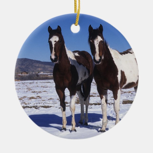 Paint Horses Standing in the Snow Ceramic Ornament (Front)