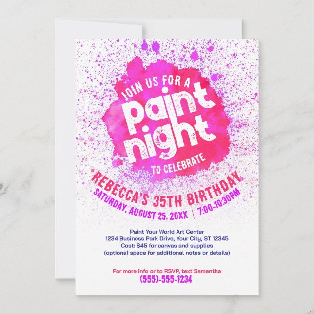 Paint Night Birthday Invite - Hot Pink (Front)