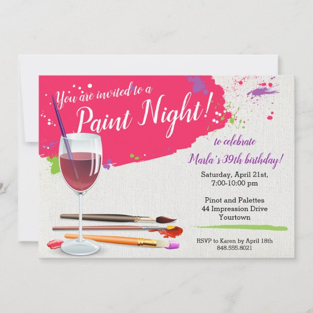 Paint Night, Paint and Sip Wine Glass Canvas Party Invitation (Front)