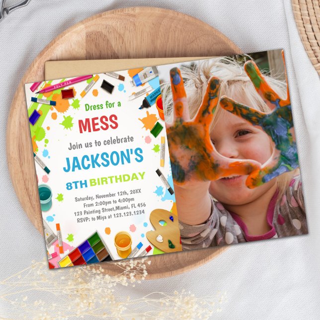 Paint Party Anniversaire Invitation avec photo (Kids Paint Birthday Invitations with photo)