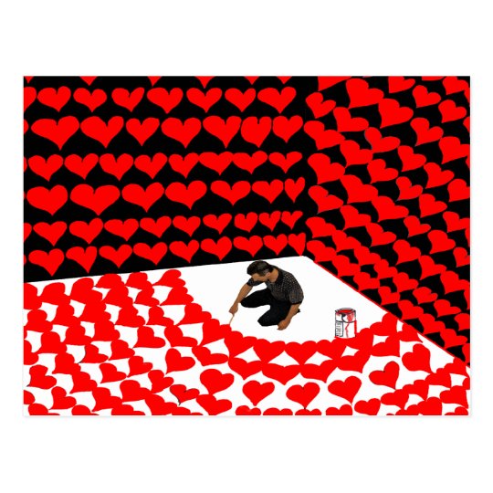 Paint self into corner with red hearts for love postcard