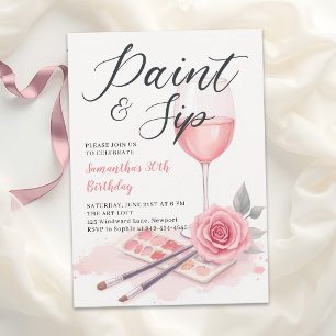 Paint Sip Wine Party Blush Pink Rose 30th Birthday Invitation
