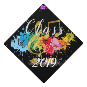 Paint Splashed Colours on Black w/Music Symbols Graduation Cap Topper