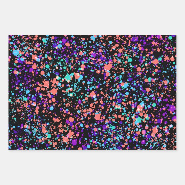 paint splashes |  green purple coral on black | wrapping paper sheet (Front)