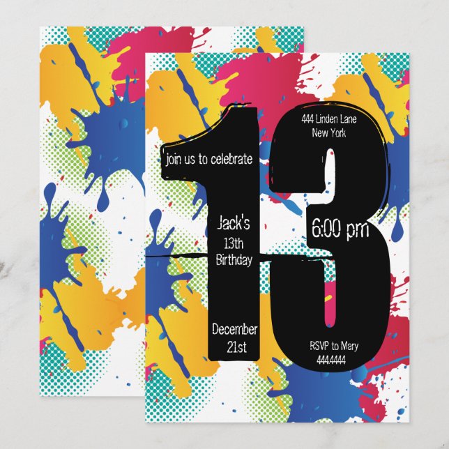 Paint Splatter 13th Birthday invitation (Front/Back)