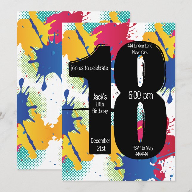 Paint Splatter 18e invitation à l'anniversaire (Devant / Derrière)