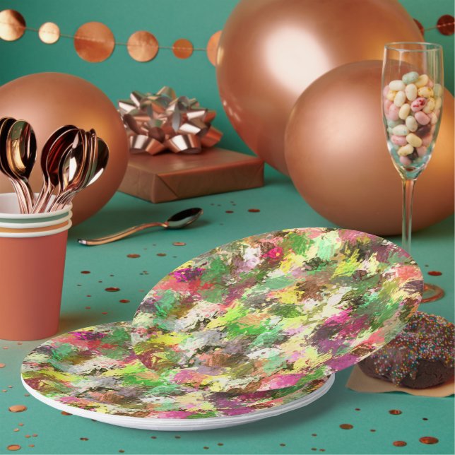 Paint Splatter Autumn Colour Leaves Abstract Paper Plate (Multi)