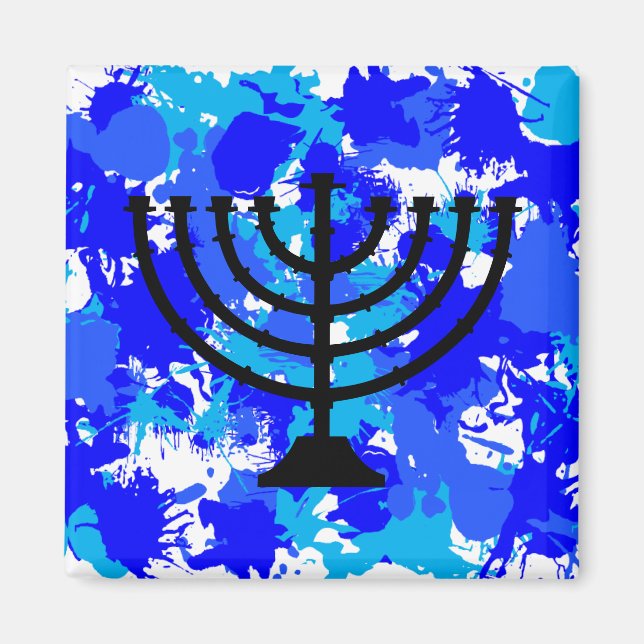 Paint Splatter Blue Menorah Magnet (Front)