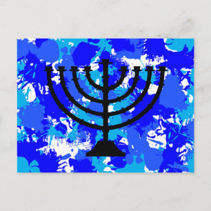 Paint Splatter Blue Menorah Postcard
