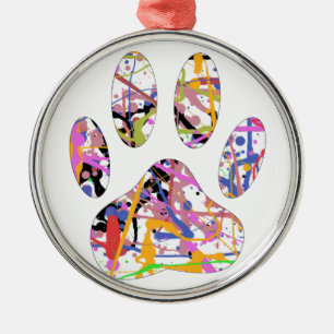 Paint Splatter Dog Paw Print Metal Ornament